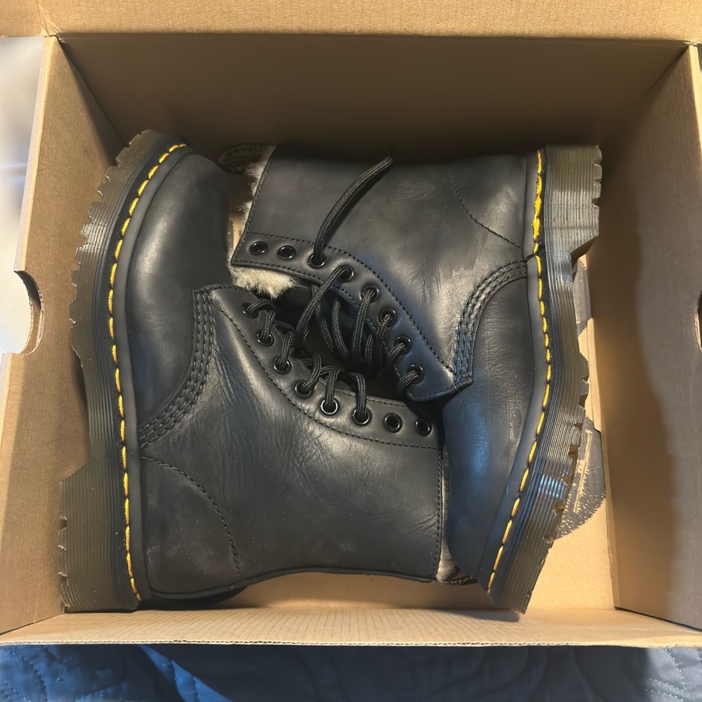 Dr. Martens Black Leather Boots with Yellow Stitching